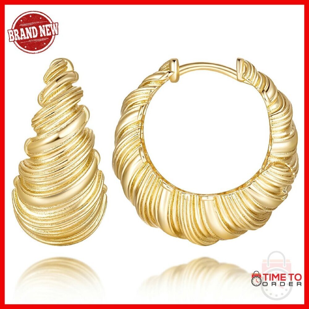 14K Gold Hoop Earrings 20mm Croissant Design Lightweight Women's Jewelry